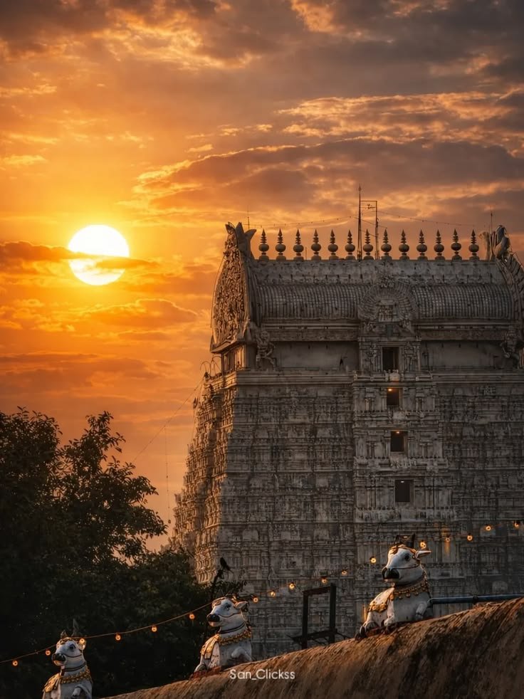 Temple gopuram at sunset