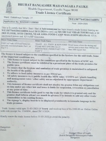 BBMP Trade Licence Certificate issued to Family Yatra